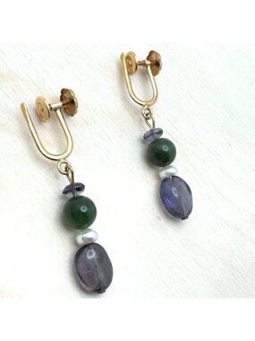 Tanzanite Pearl Jade 14k Gold Vintage Screw Back Earrings